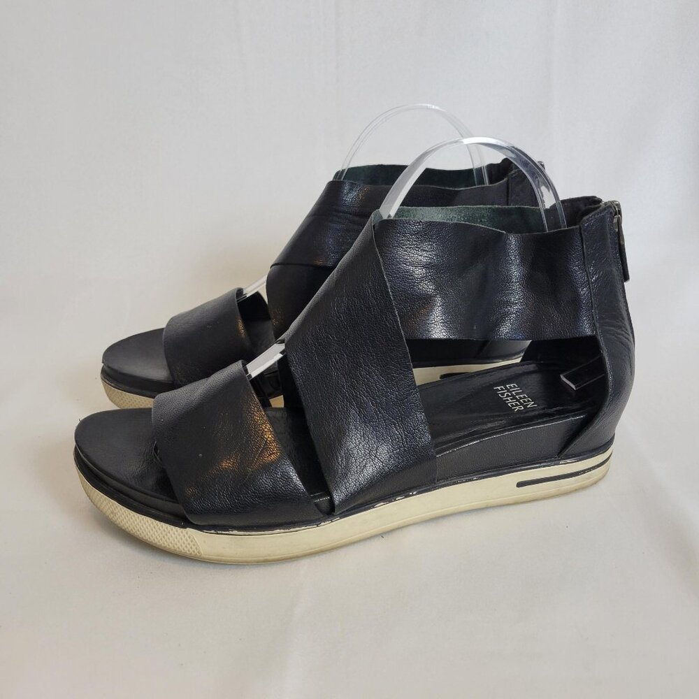 Eileen Fisher Sport Platform Sandal Black Tumbled Leather Women's Size 9